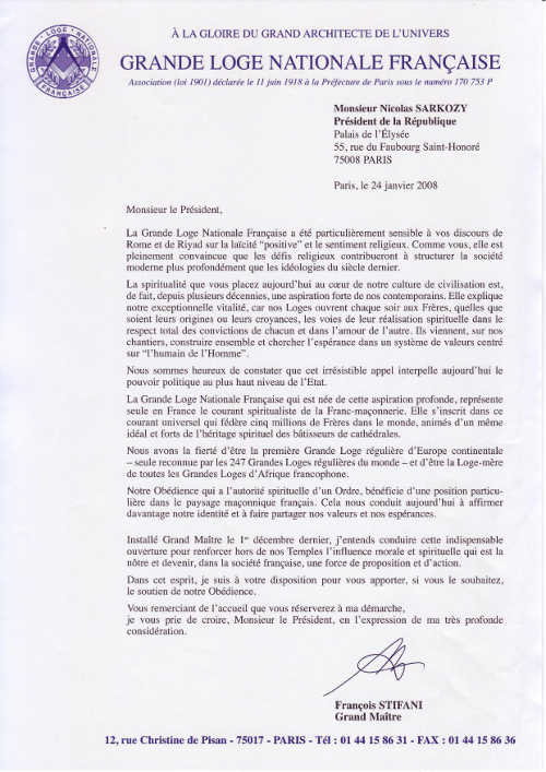 letter to Nicolas Sarkozy François Stifani